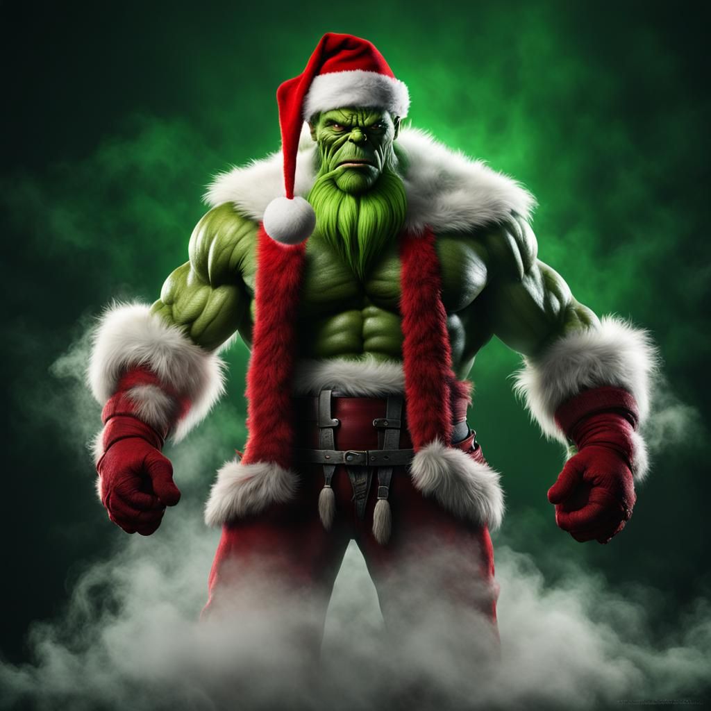 Muscular Grinch with Smoke and Viking Pants