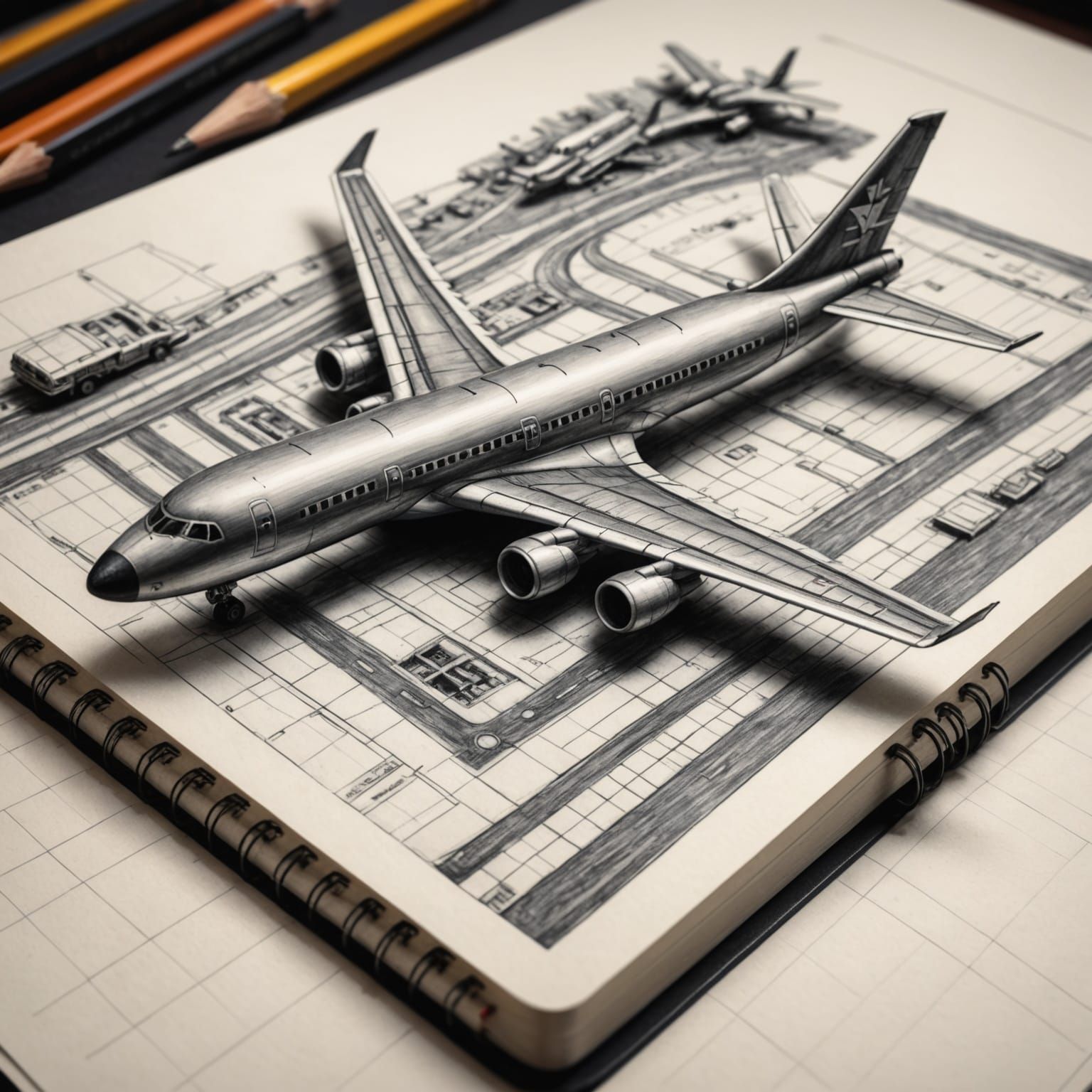 Miniature Airplane Sculpted from Pencil Tip on Notebook