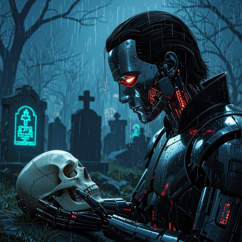 Cybernetic Hamlet Contemplates Skull in Gritty Cyberpunk Sty...