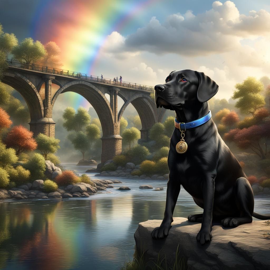 Boxador Dog on Bridge with Rainbow, Fantasy Art