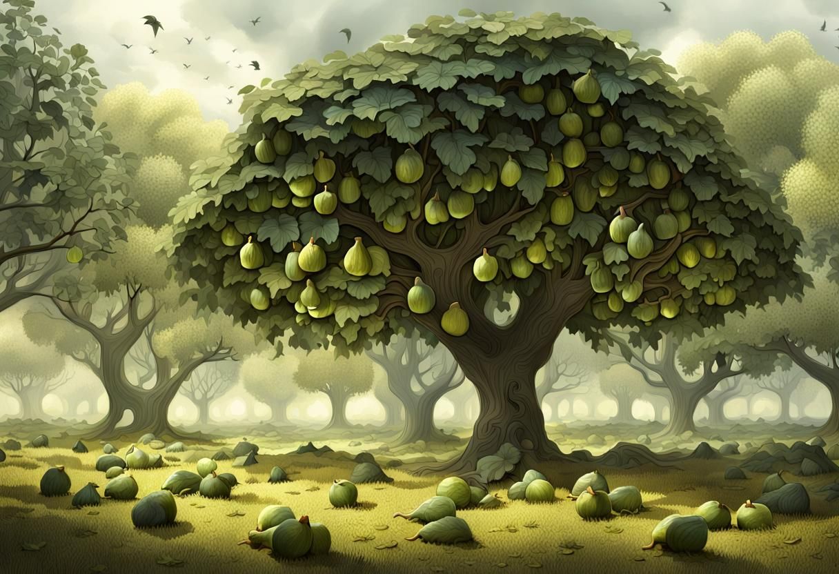 Dark Fantasy Fig Orchard with Crows