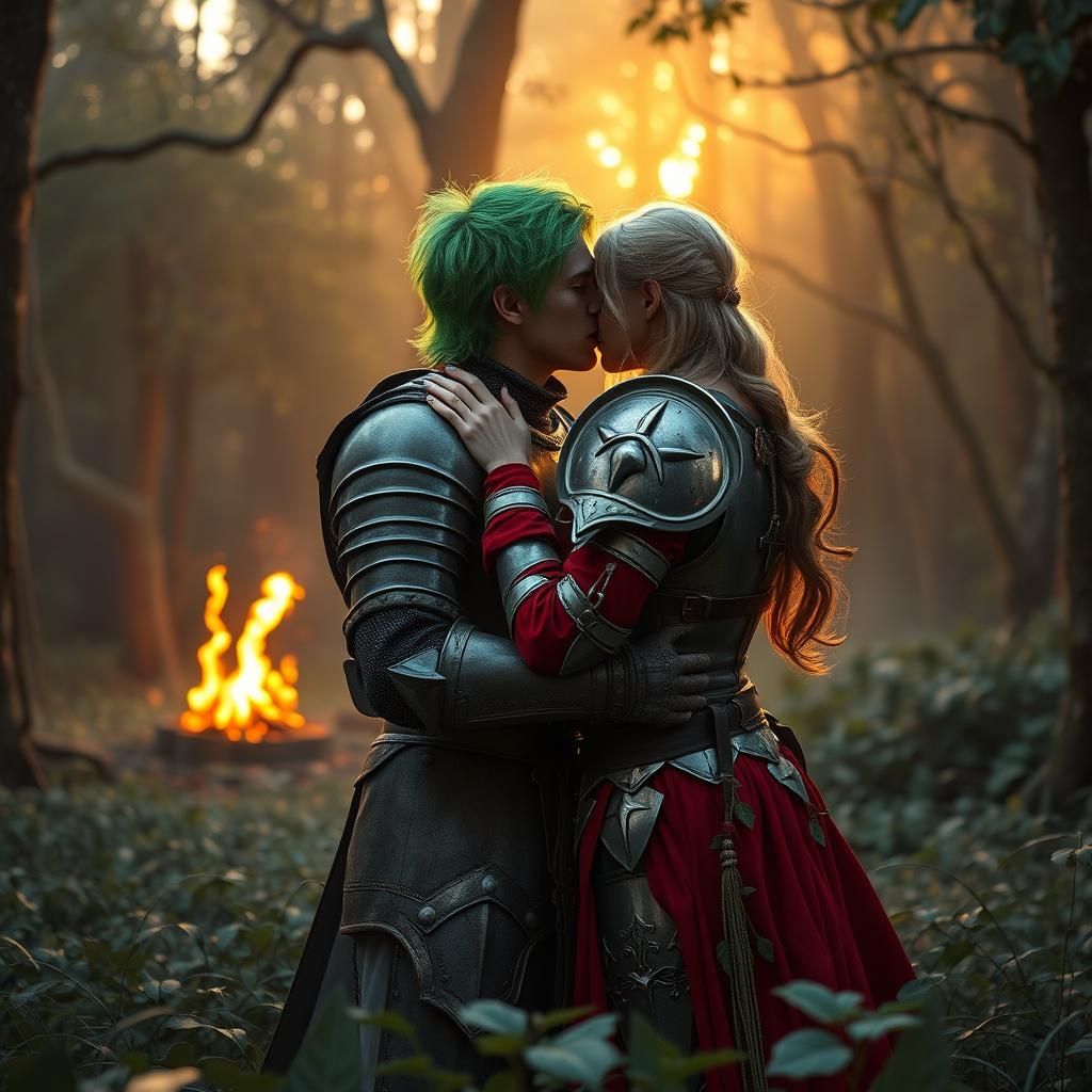 Knights' Passionate Embrace in Mystical Forest