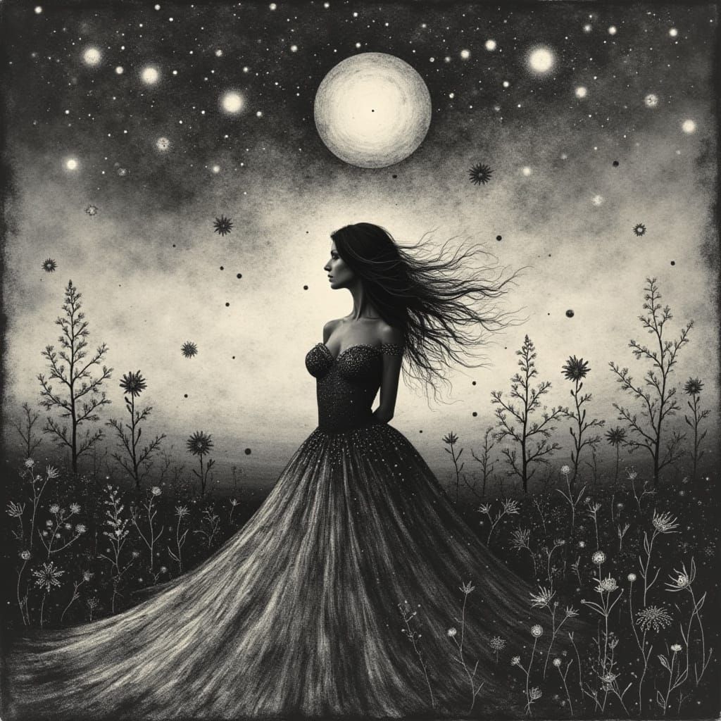 Dreamlike Mystical Woman in Black and White Photogram