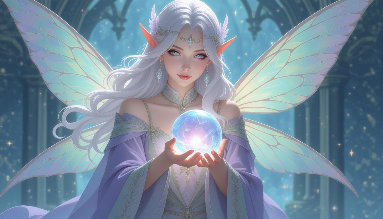 Ethereal Fey Sorceress with Crystal Orb and Translucent Wing...
