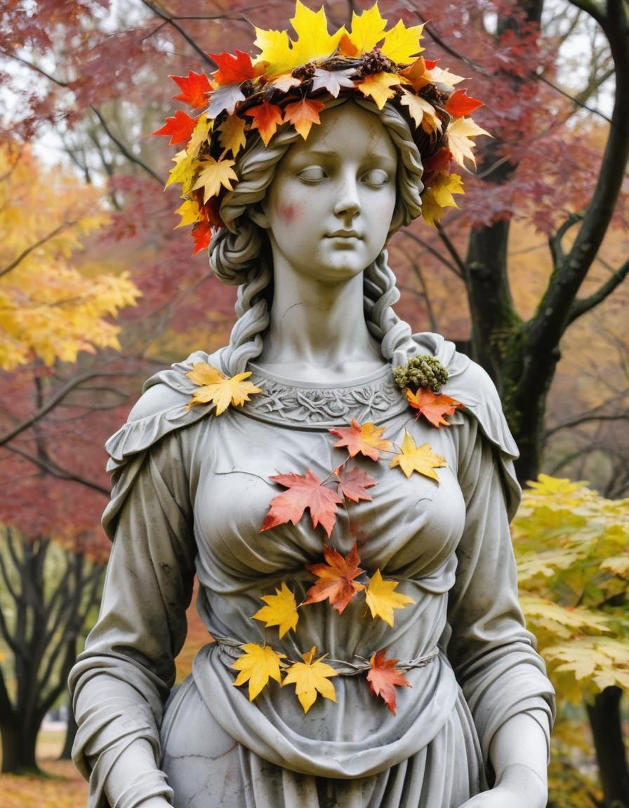 Marble Statue in Autumn Park With Maple Wreath