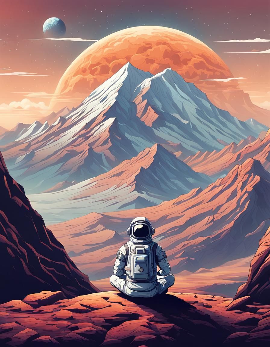 Astronaut Meditates on Alien Mountain Landscape
