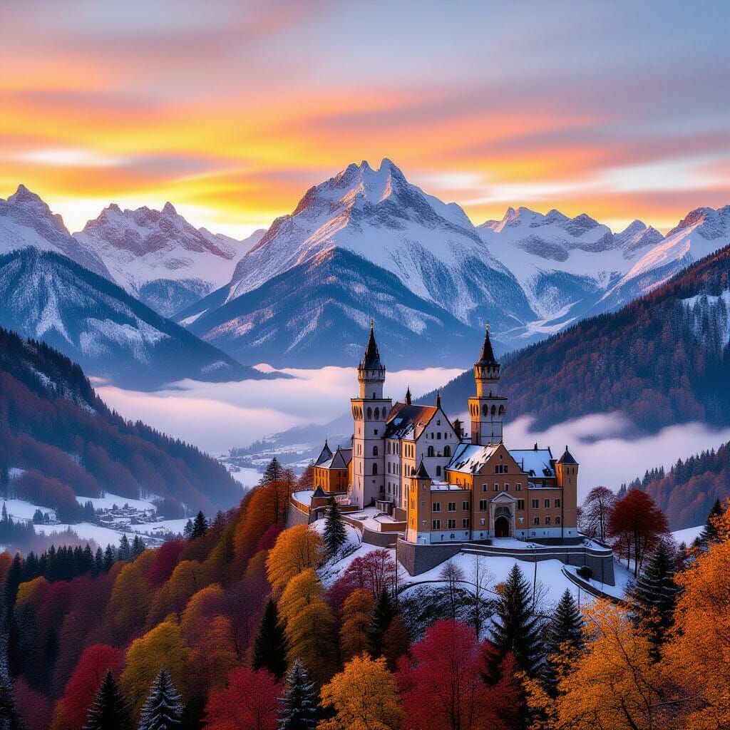 Bavarian Castle at Sunrise: A Photorealistic Autumn View