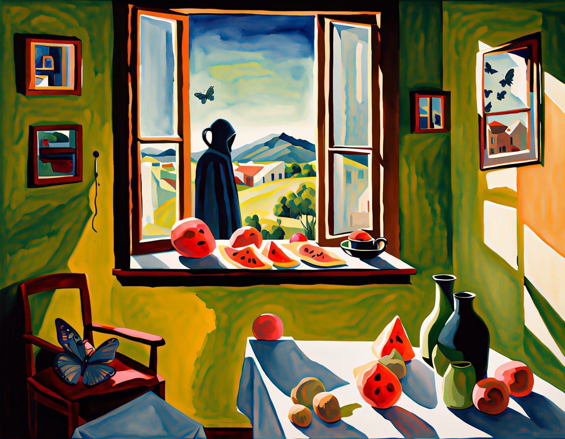 Surreal Window Scene with Shadowy Figure, Gouache and Waterc...