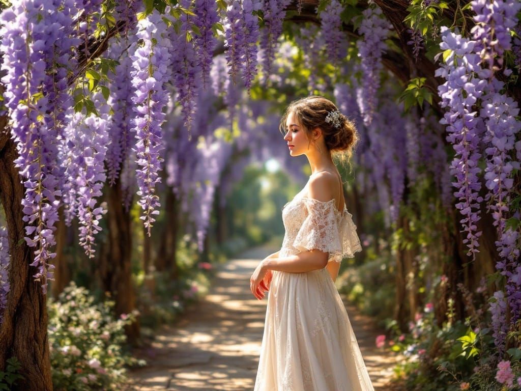 Ethereal Summer Scene with Wisteria and Lace