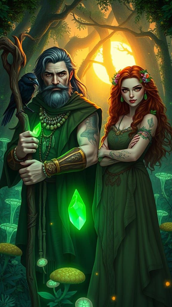 Mystical Druids in a Radiant Ancient Forest