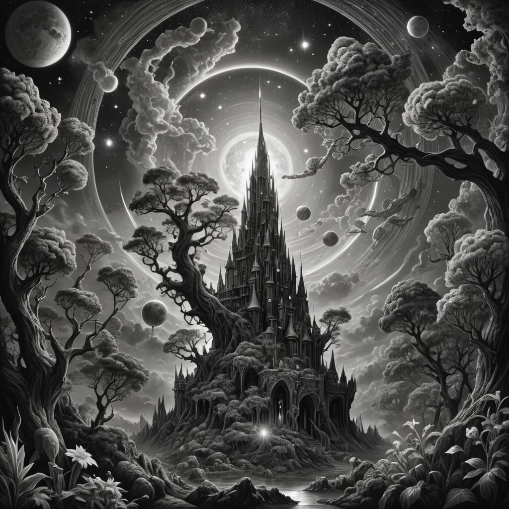 Celestial Crystal Garden Planet in Surreal Style