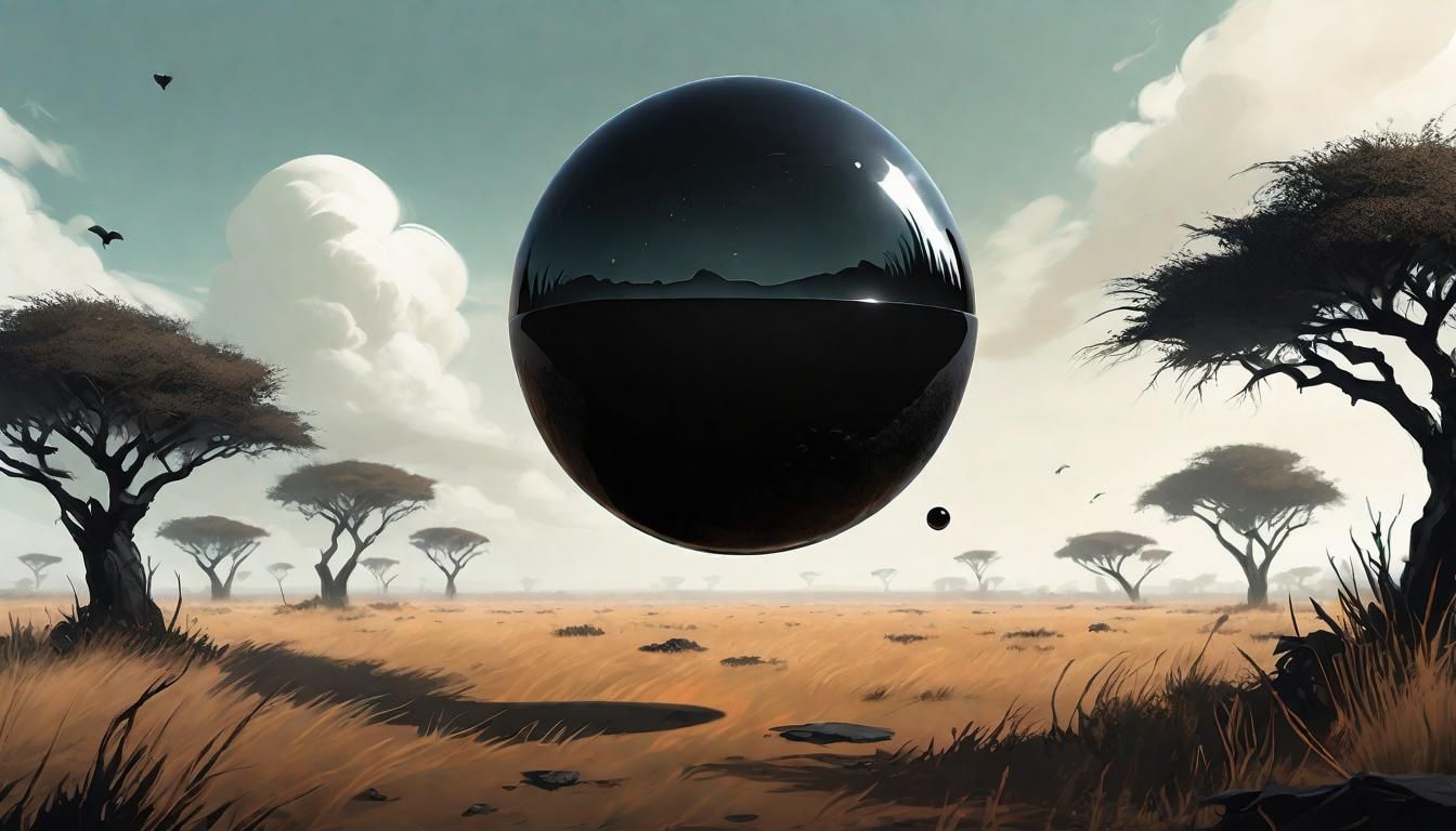 Floating Obsidian Orb Above Savannah: Sinister Concept
