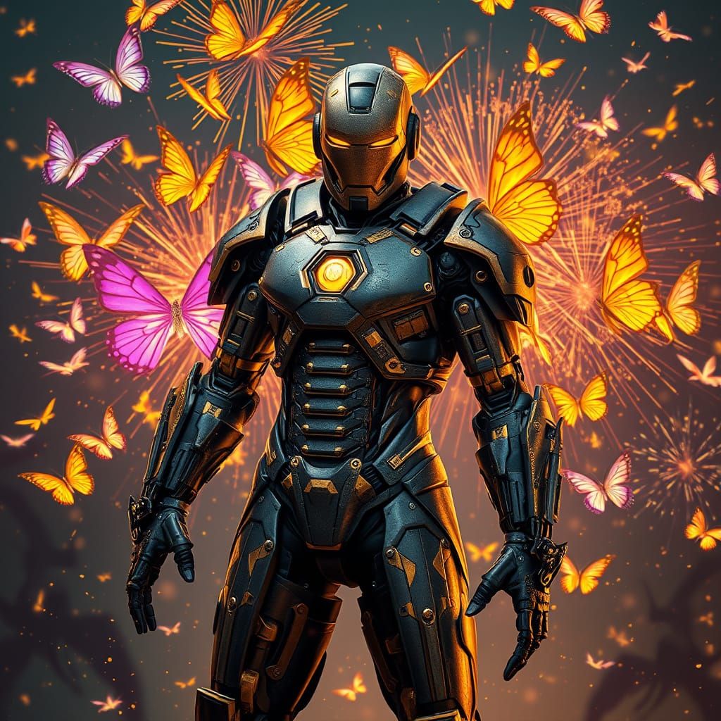 Hyperrealistic Warforged Artificer in Iridescent Fireworks