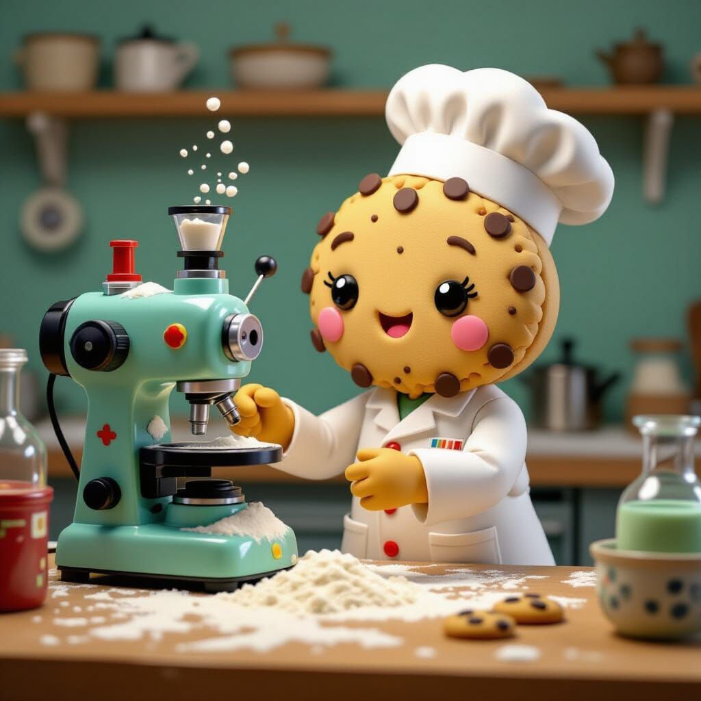 Cookie Character Operates Whimsical Machine in Surrealist St...