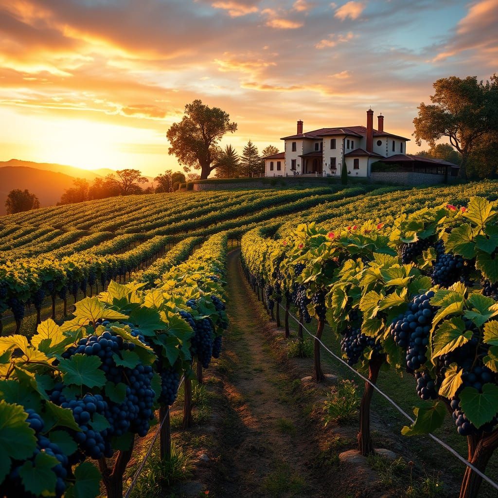 Surreal Tuscan Vineyard at Sunset, in Hyper-Realistic 3D Art