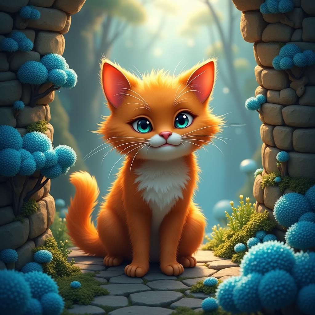 Mischievous Orange Cat in a Fantasy Stone Garden