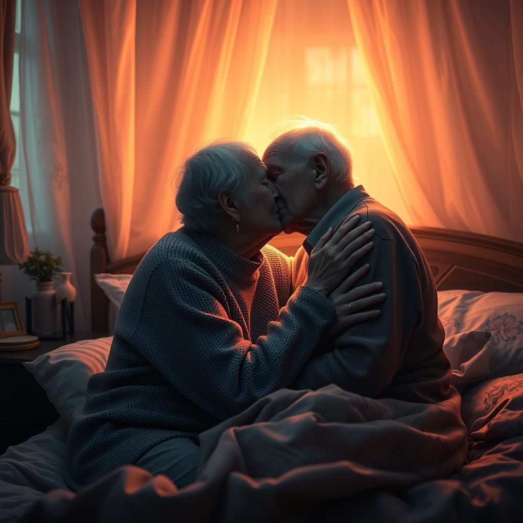 an old couple, embracing a last kiss before the depart to heaven for one of them.
