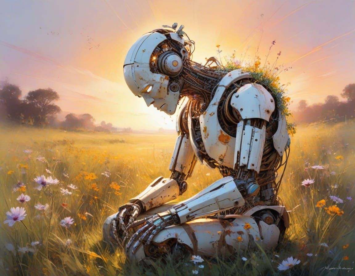 Cyborg Robot Meditates in Meadow: Watercolor Style
