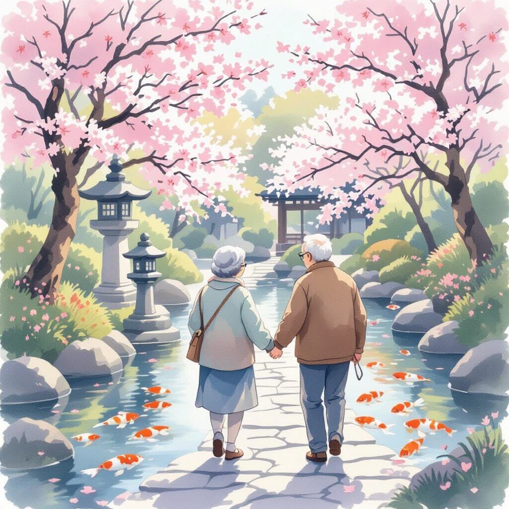 Elderly Couple in Japanese Garden, Watercolor Painting