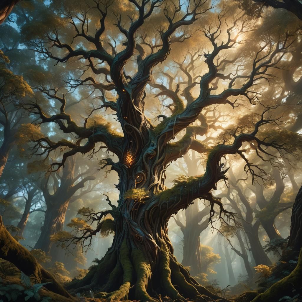 Majestic Glowing Tree in Mystical Forest