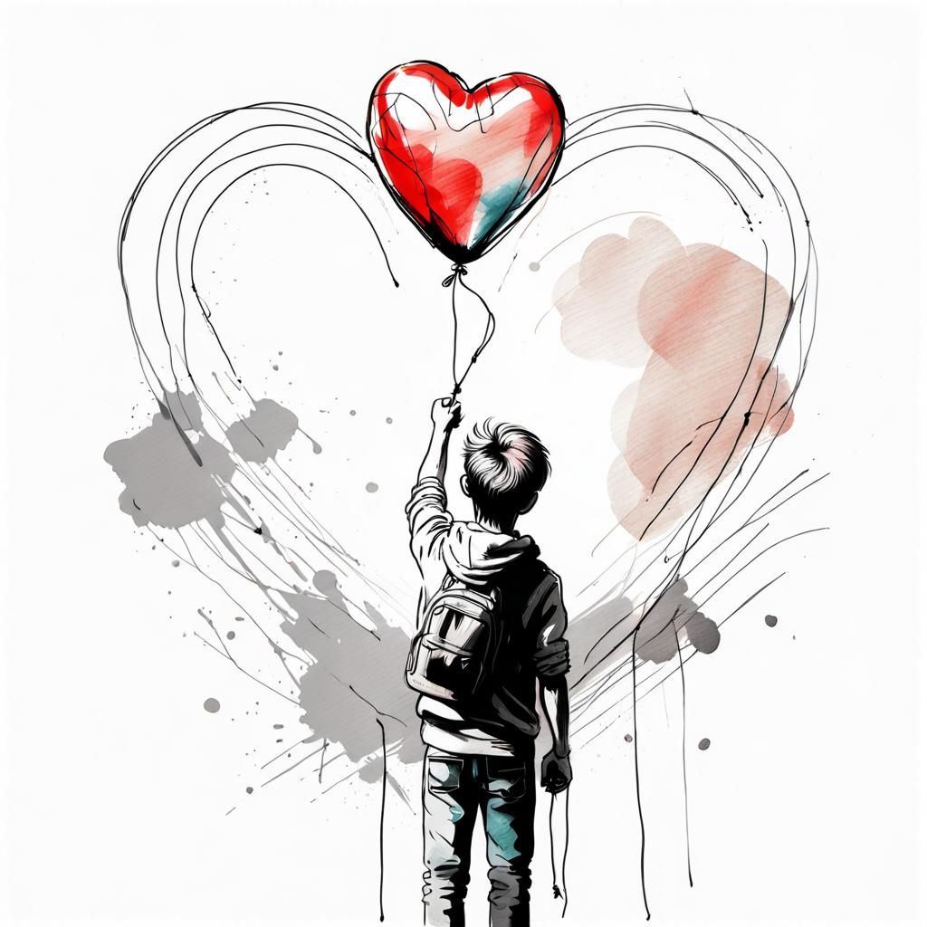 Boy Holding Heart Balloon: Sketch with Streaks of Paint