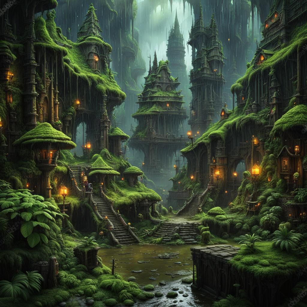 Rainy Post-Apocalyptic Goblin City in Deep Forest
