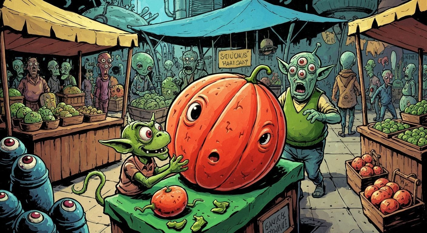 Humorous Alien Market Scene in Expressionist Style