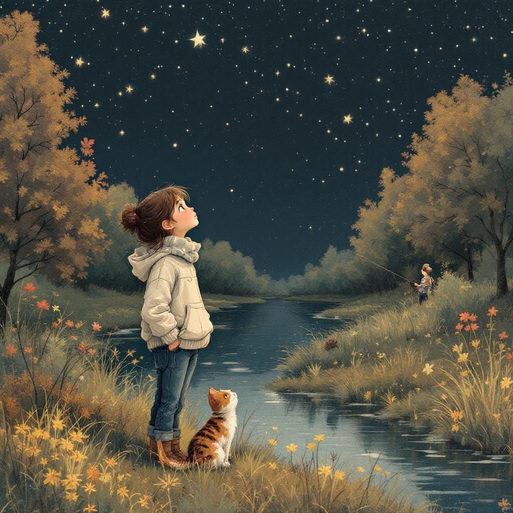 Girl, Cat, and Starry Night Sky in Whimsical Style