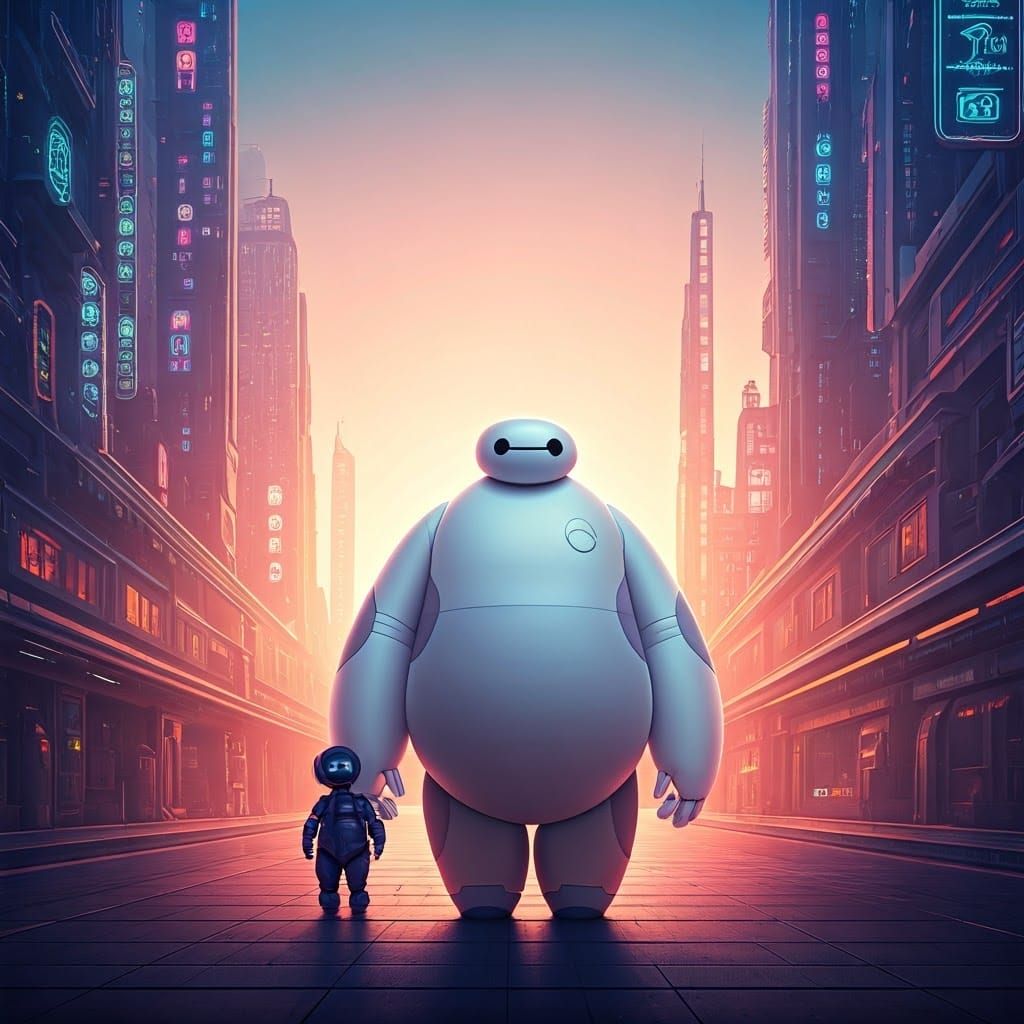 Baymax and Robot Girlfriend in Futuristic Cityscape