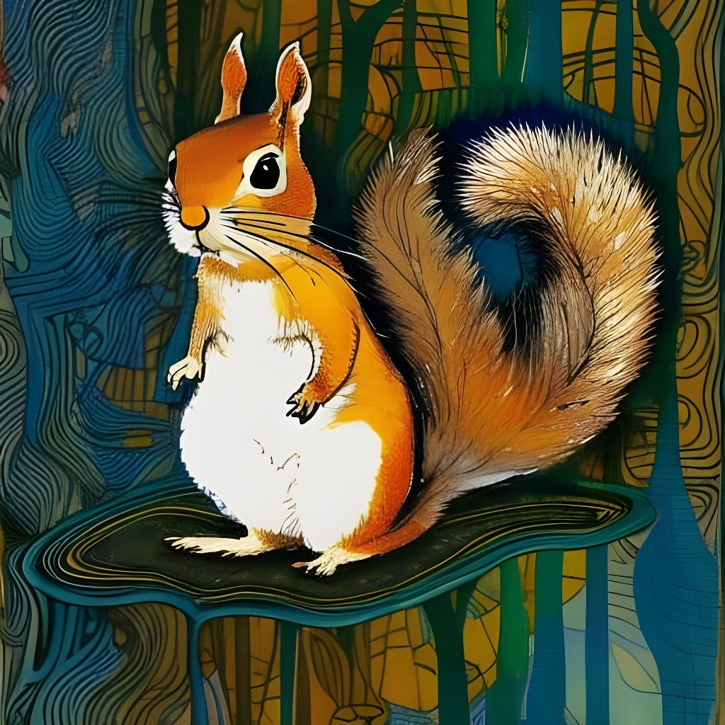 Chibified Squirrel with Marbling and Ink Art