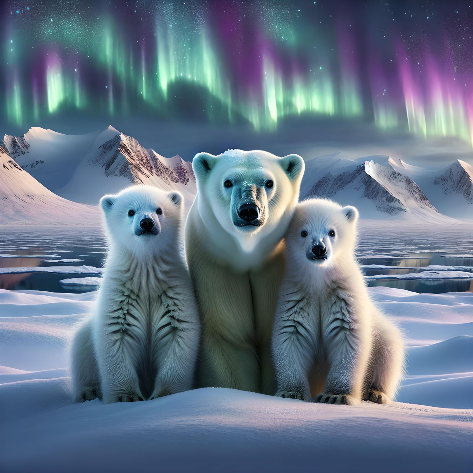 A portrait of a polar bear and it's two cubs in the arctic, watery eyes, snowy mountains, beautiful colorful northern li...