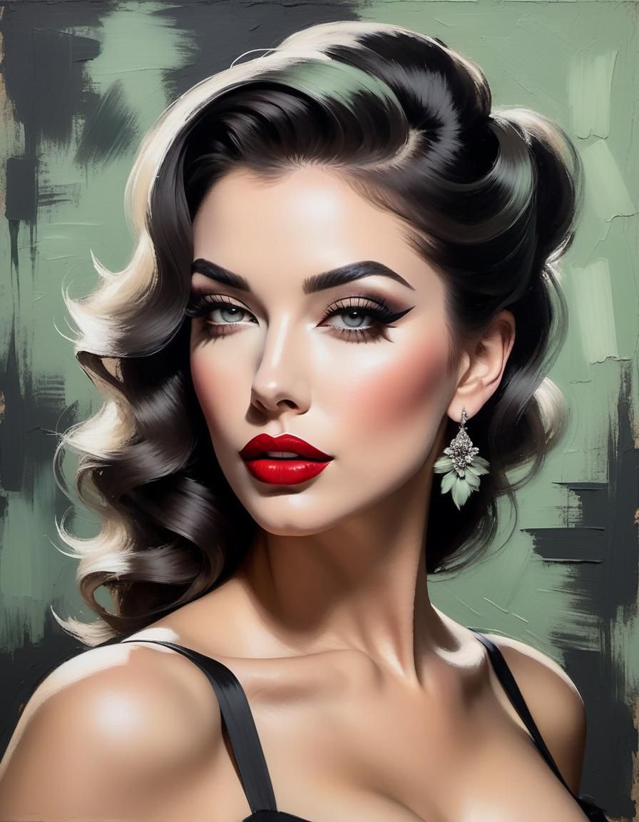 European Pinup Model in Impressionist Oil Painting Style