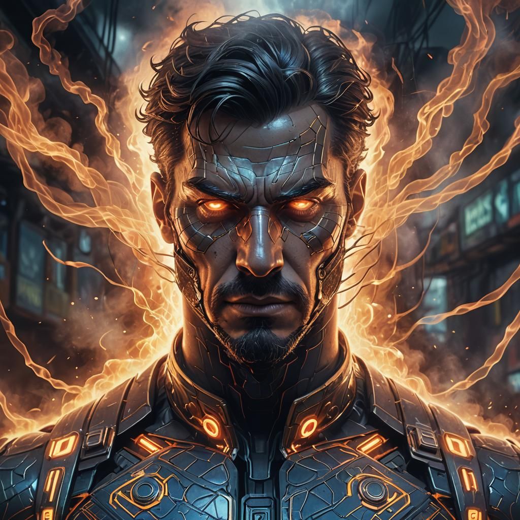 Superhero Emerges from Smoke with Neon Accents