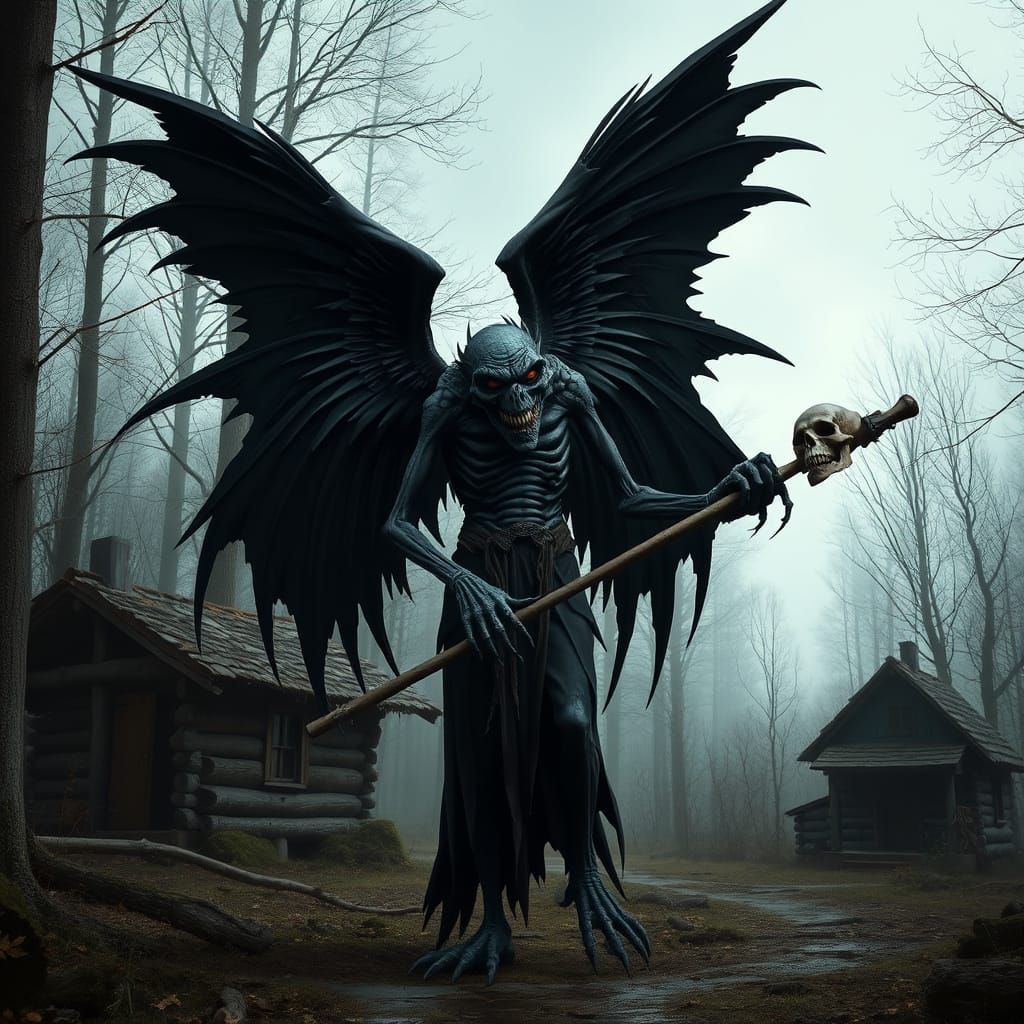 Dark Hyperrealistic Angel with Black Wings and Red Eyes