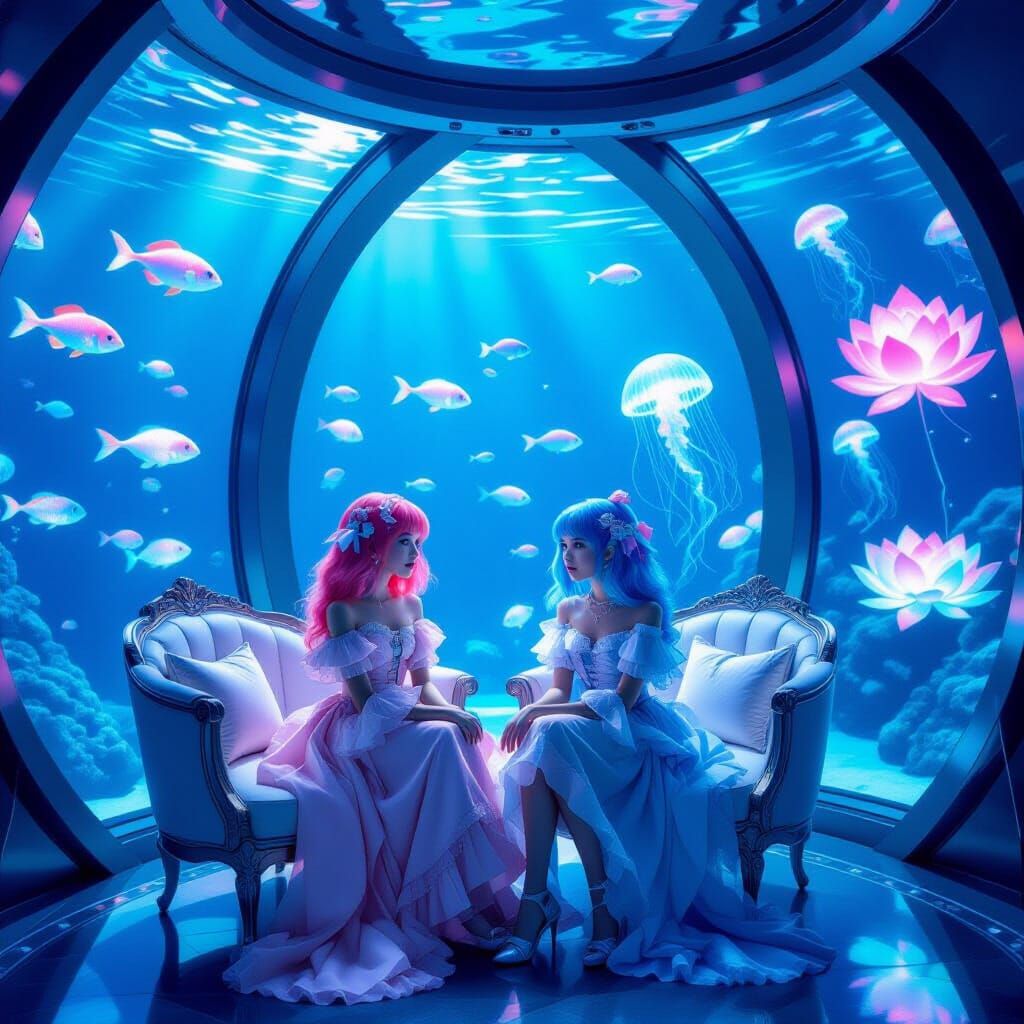 Futuristic Underwater Room With Girls and Ocean Life
