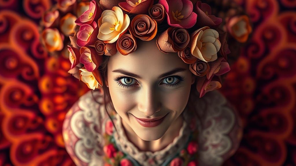 Enigmatic Woman Surrounded by Fractal Flowers in a Vibrant, ...