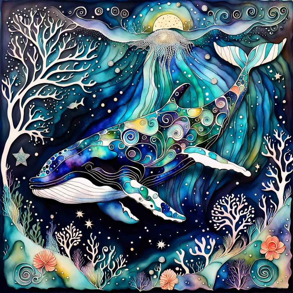 Whimsical Whale in Starry Ocean: Alcohol Ink Art