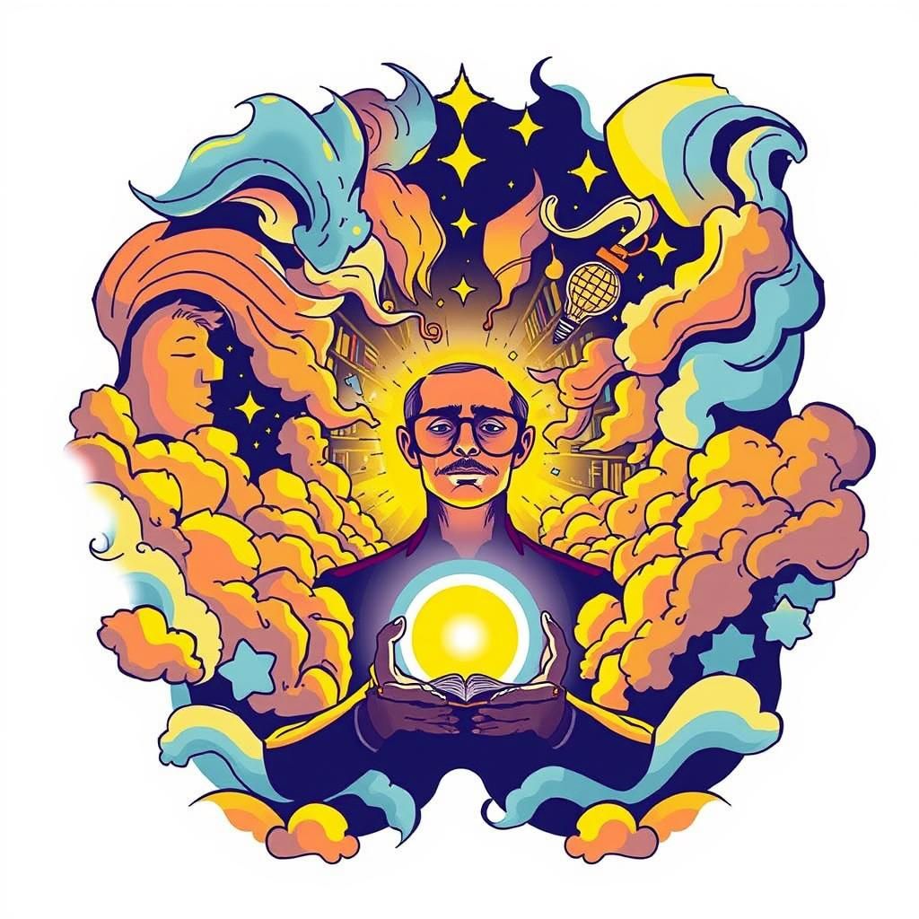 Woman in Library Surrounded by Ideas, Logo Art