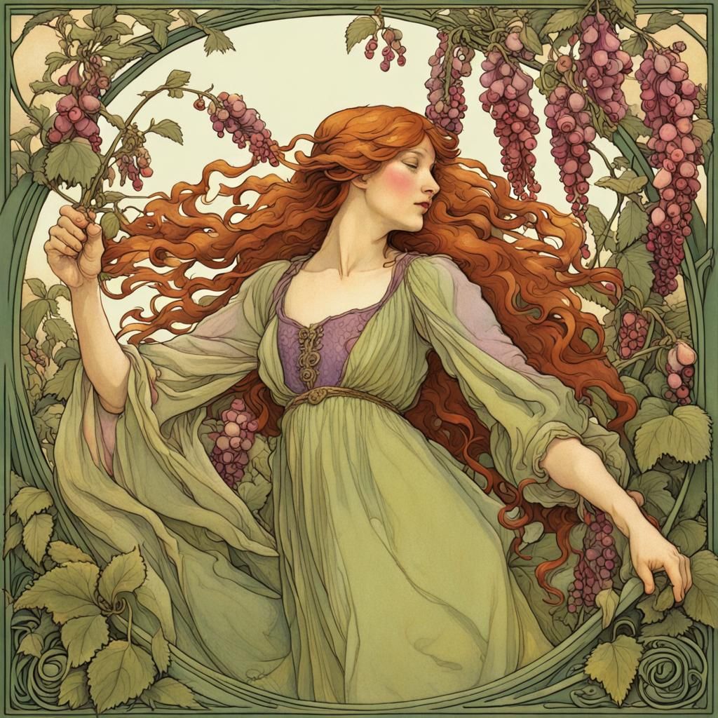 Green Fairy with Flowers in Art Nouveau Style