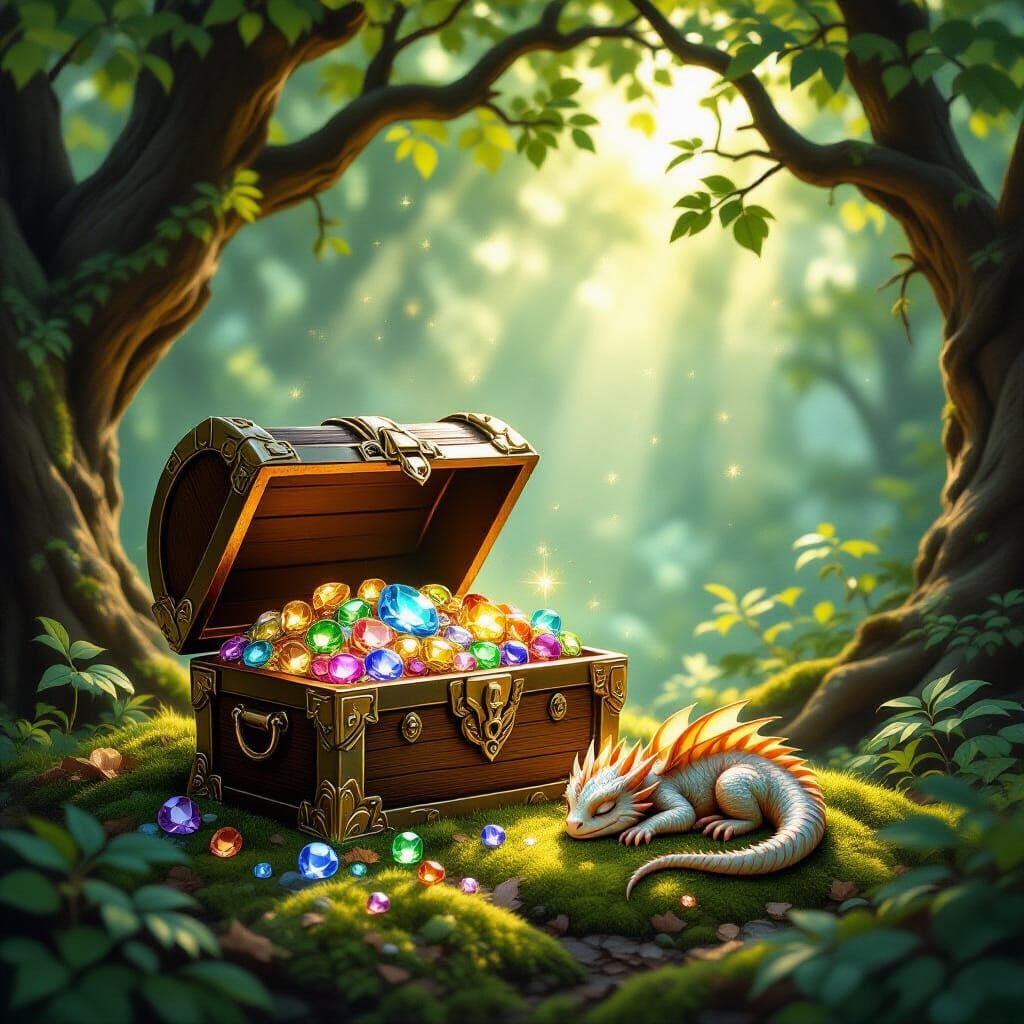 Ancient Forest Grove with Magical Treasure Chest and Baby Dr...
