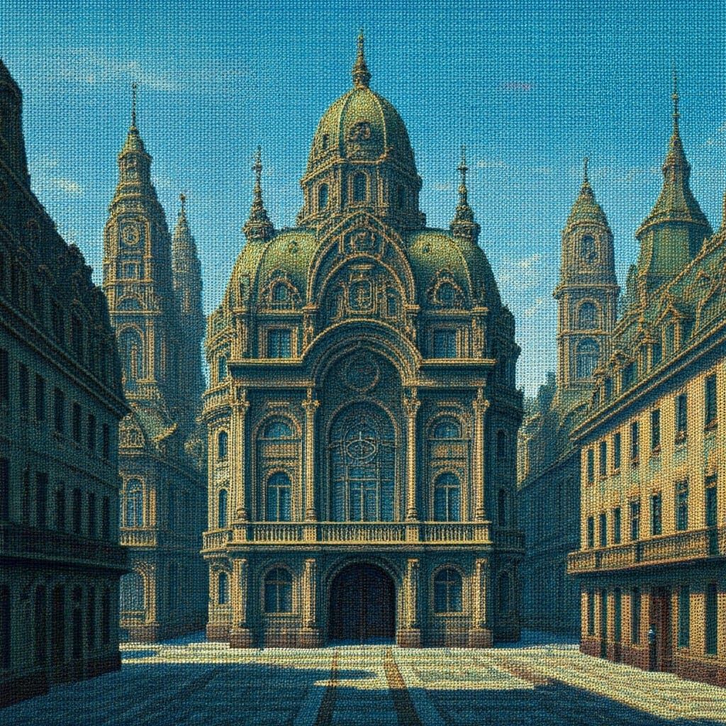 Art Nouveau Cityscape in Pointillism Style