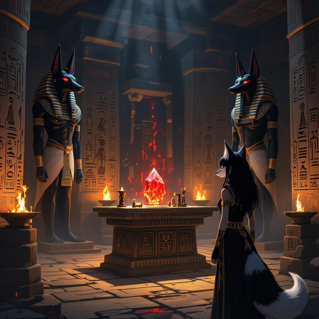 Mystical Egyptian Temple Hall with Fox Girl, Anime Style