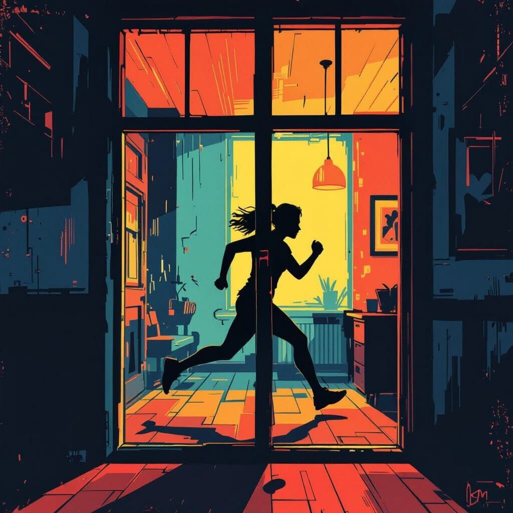 Dynamic Comic Scene: Silhouette Running Inside a Room