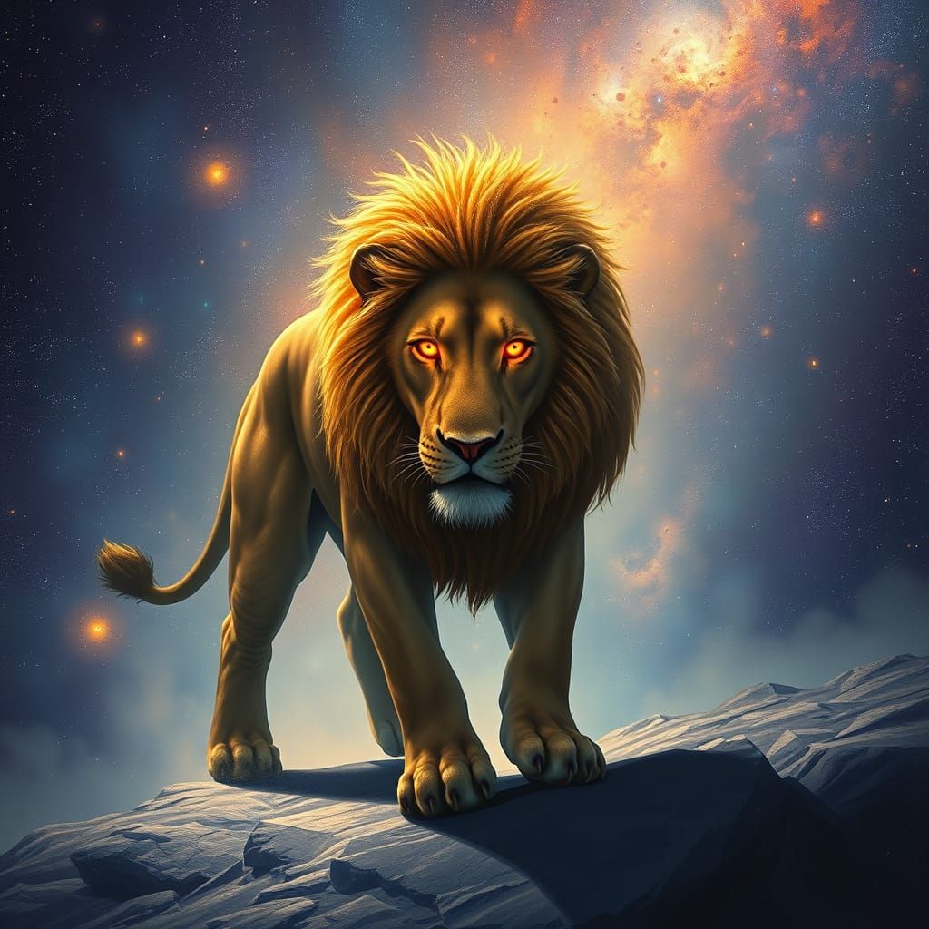 Lion with Fiery Eyes and Stardust Mane