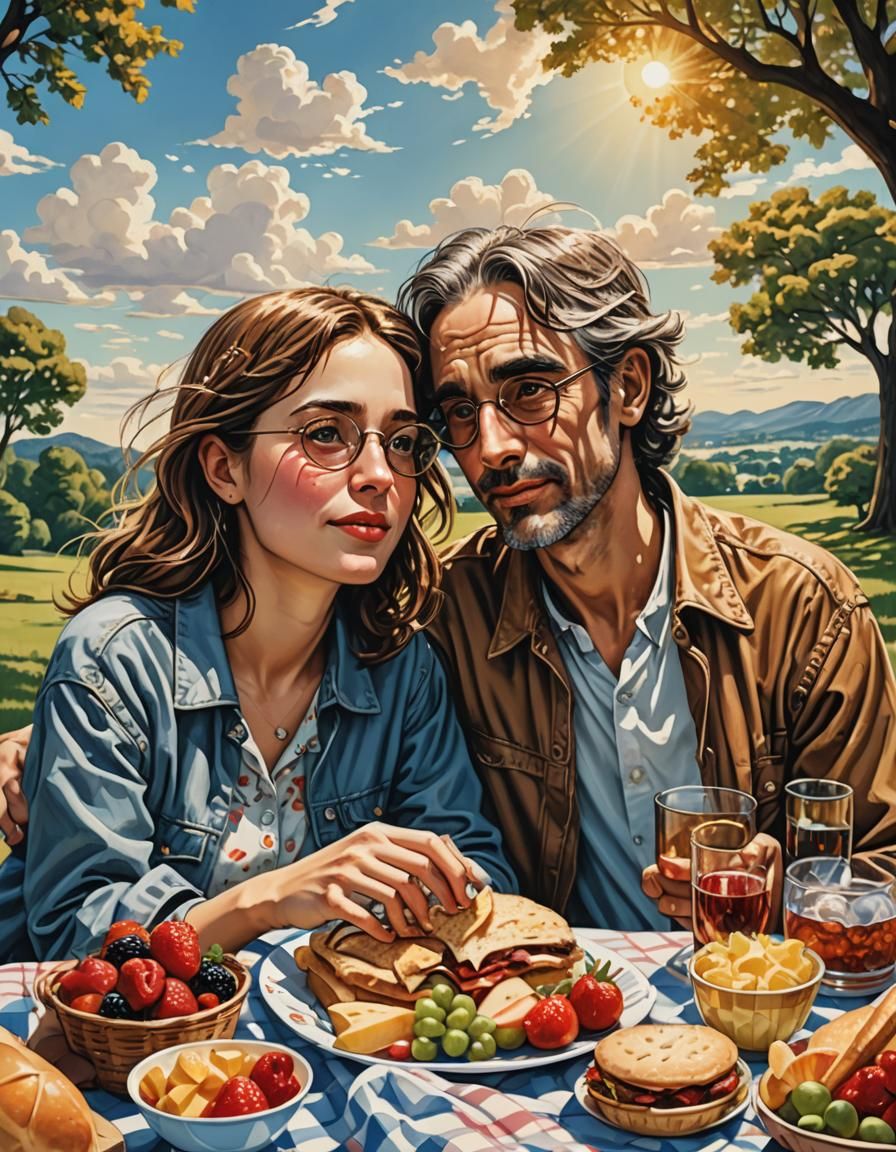 Romantic Picnic of Lovers with Detailed Faces