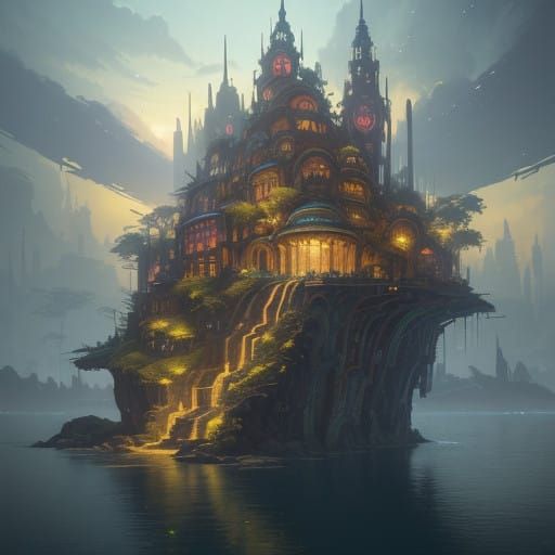 Surreal Solarpunk Metropolis with Lush Architectures and Iri...