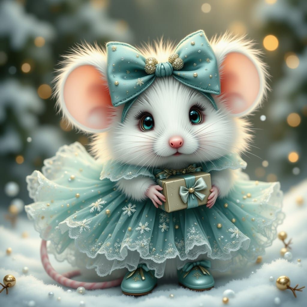 Felt Mouse in Festive Winter Scene with Christmas Glow