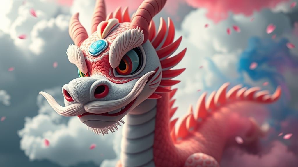Rainbow-Eyed Dragon with Sakura and Clouds