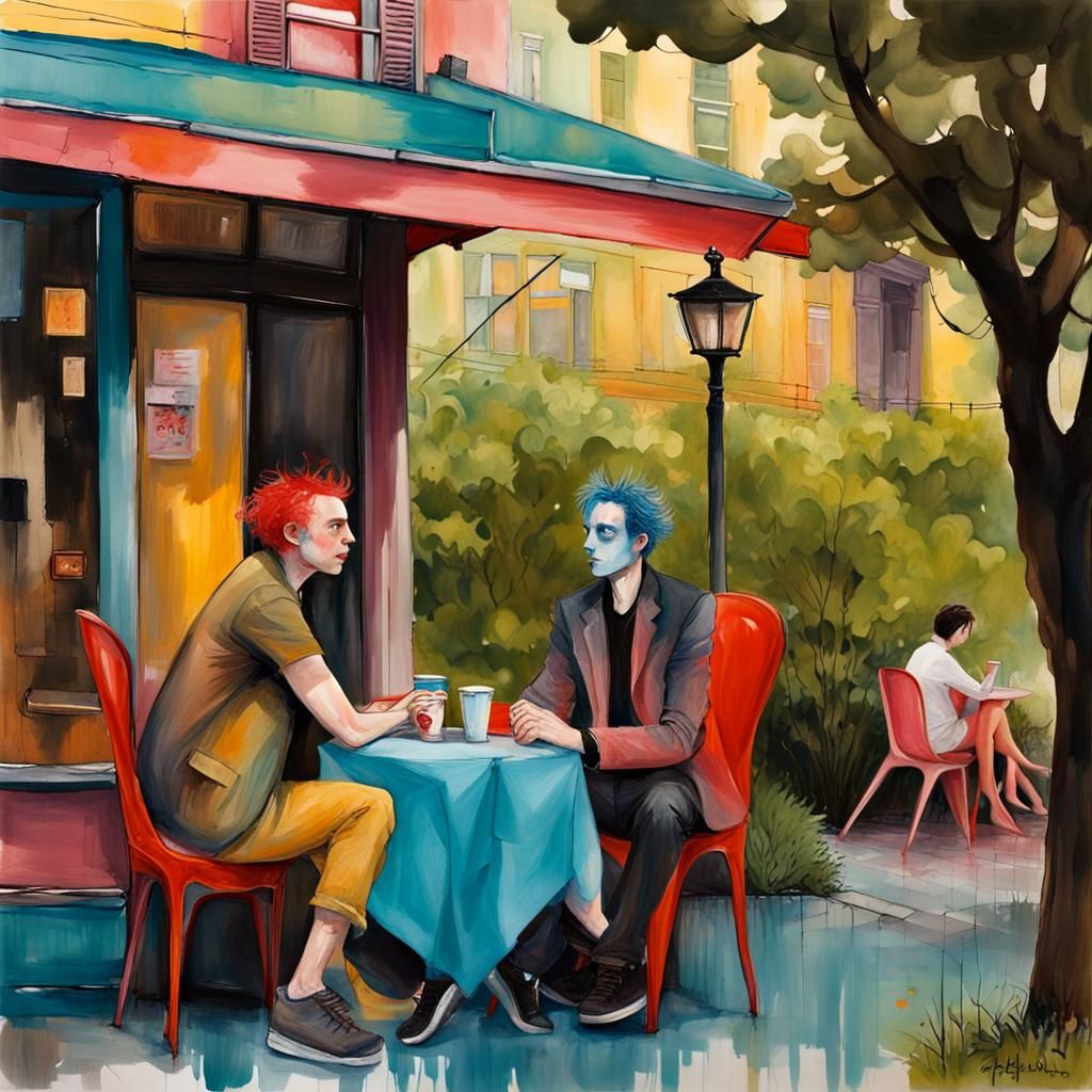 Cafe Date: Gouache Illustration of a Male Couple