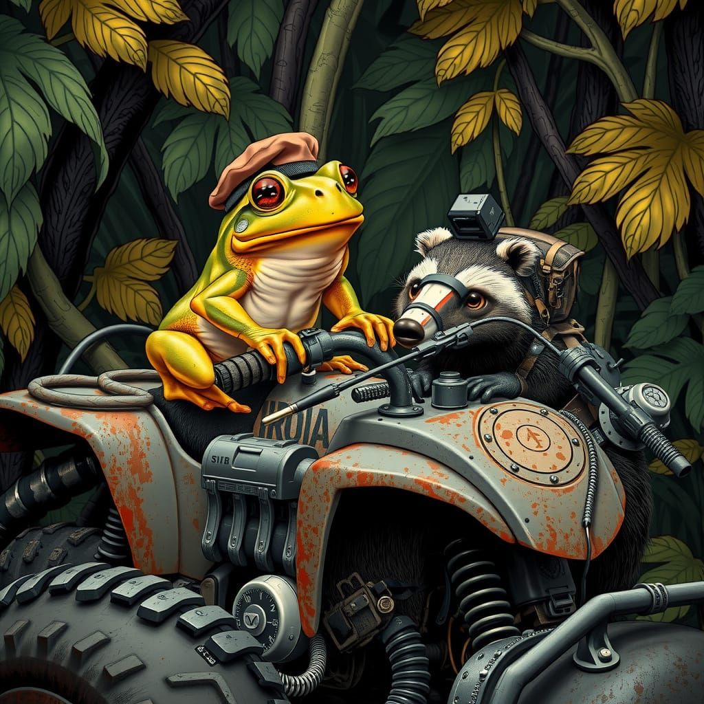 Frog on Quad Bike with Honey Badger in Jungle